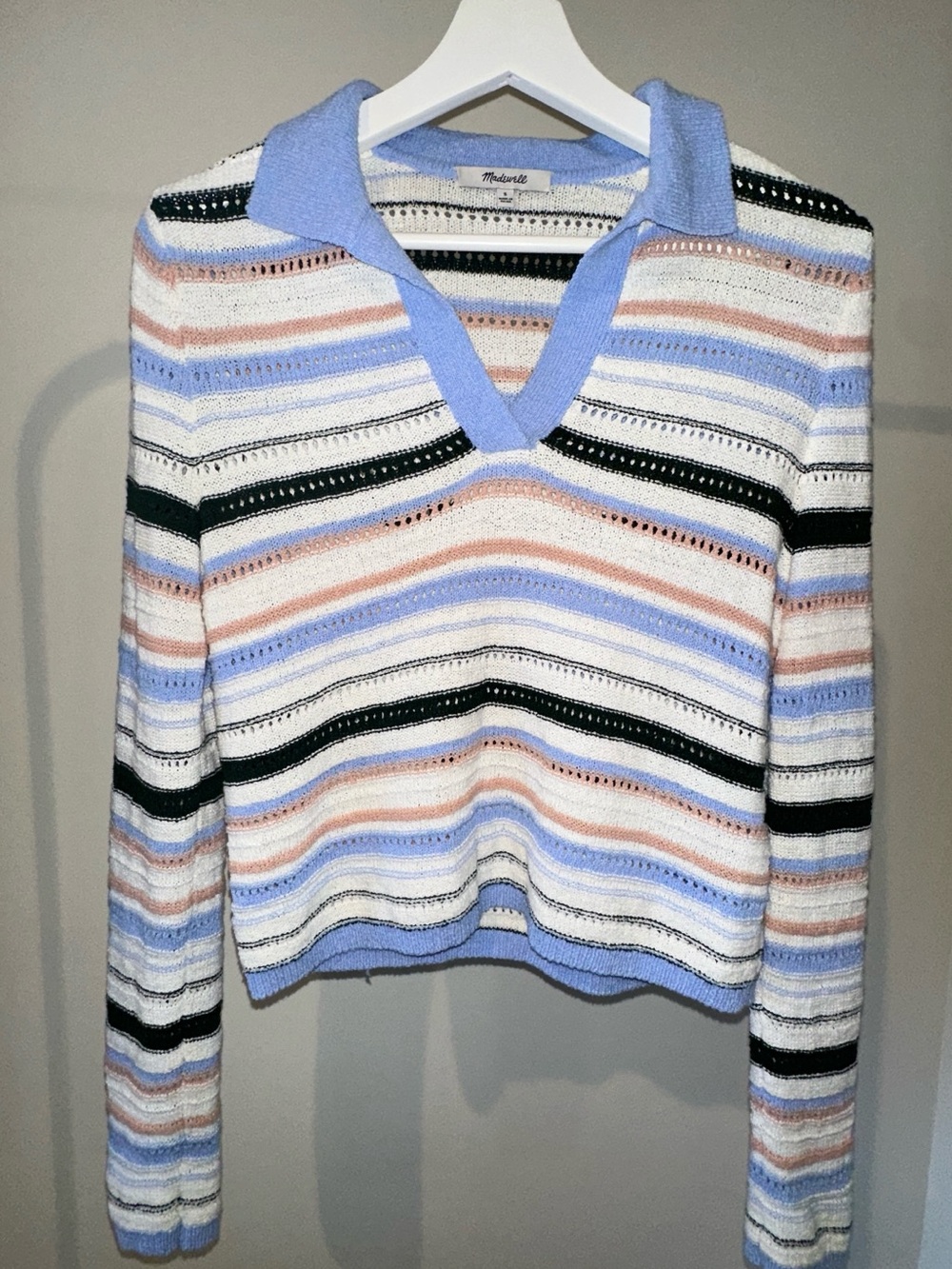 Madewell Striped Open-Knit Collared Spring Summer Knit Pullover Sweater Women S